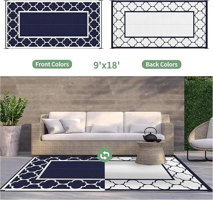 GENIMO 9' x 18' Outdoor Rug Waterproof for Patio, Foldable Reversible Plastic Straw Area Rugs Mat for Rv Decor, Outside Carpet for Camper, Deck, Picnic, Beach, Balcony, Porch, Blue & White by GreenHaven Gardens