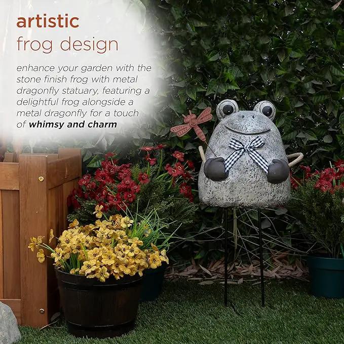 Alpine Corporation MCC862 Indoor/Outdoor Frog with Dragonfly Garden Statue, Stone Finish Frog Statue for Yard, 24" H, Silver by GreenHaven Gardens
