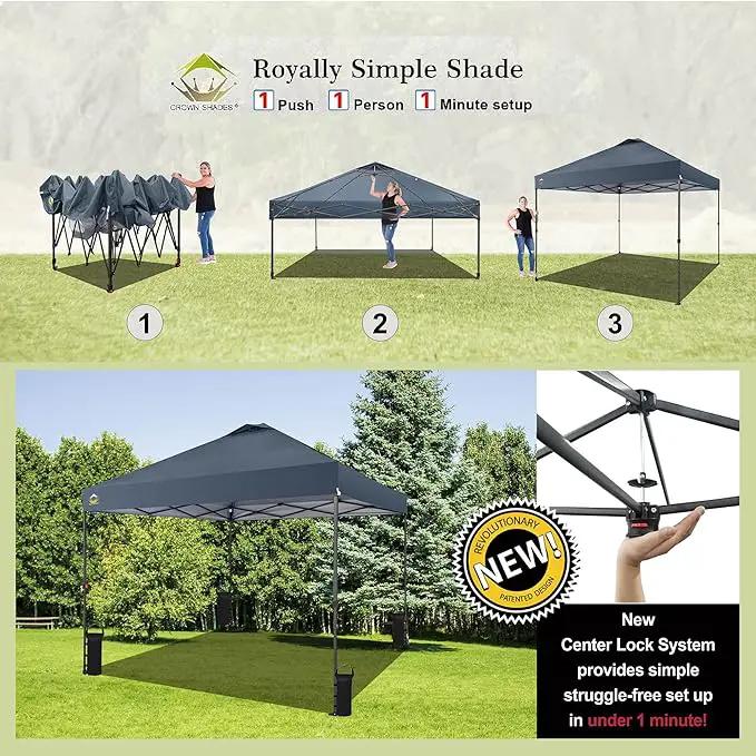 CROWN SHADES 10x10 Pop Up Canopy Tent - Patented Center Lock One Push Instant Outdoor Canopy Beach Tent with STO-N-Go Bag 8 Stakes & 4 Sand Bags，Grid Grey by GreenHaven Gardens
