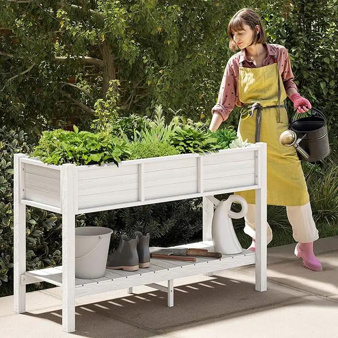 YITAHOME 48x18x30in Raised Garden Bed, Weather Resistant Poly Lumber Planter Box with Legs & Storage Shelf, Elevated Garden Bed for Yard, Garden, Balcony - White by GreenHaven Gardens