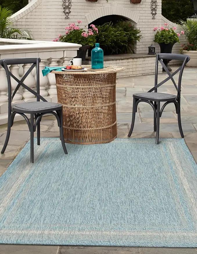 Unique Loom Outdoor Border Collection Area Rug - Soft Border (5' 1" x 8' Rectangle, Aquamarine/ Ivory) by GreenHaven Gardens