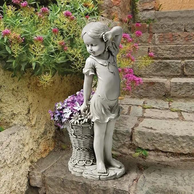 Design Toscano Frances the Flower Girl Outdoor Garden Statue with Planter, 21 Inch Tall, Cast Stone Resin, Antique Stone Finish by GreenHaven Gardens