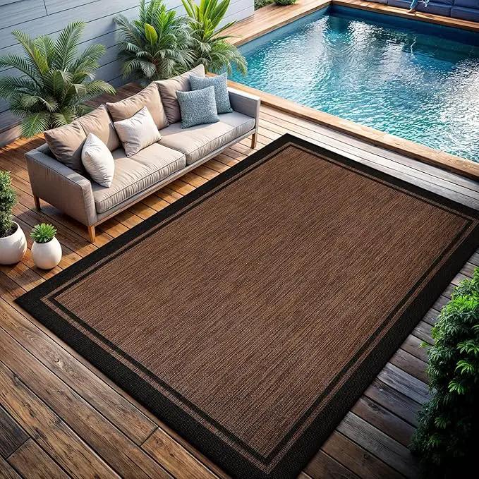 CAMILSON Indoor Outdoor Rug, 5x7 Bordered Nut Brown Black Modern Area Rugs for Indoor and Outdoor Patios, Kitchen and Hallway Mats, Washable Porch Deck Outside Carpet (Bordered Nut Brown Black, 5 x 7) by GreenHaven Gardens