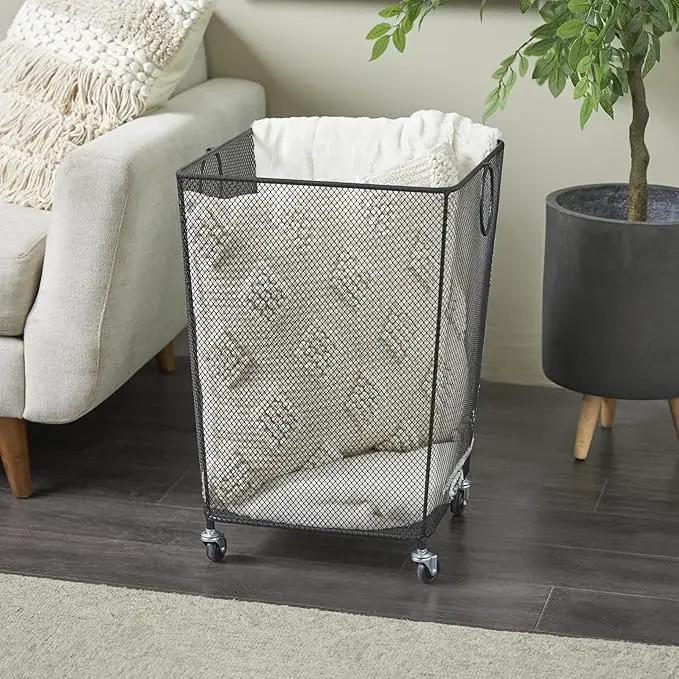 Deco 79 Metal Storage Basket Square Mesh Wire Rolling Laundry with Ring Handles, 17" x 16" x 24", Black by GreenHaven Gardens