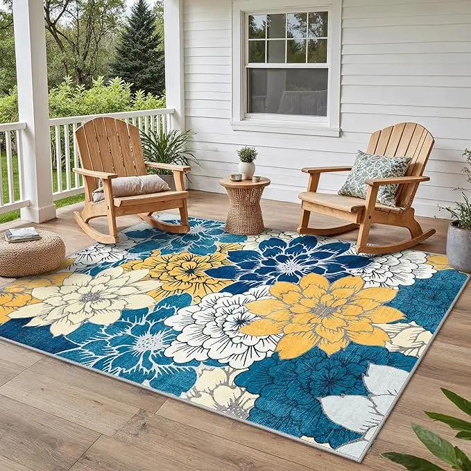 GENIMO Indoor Outdoor Area Rug 5' X 7' Waterproof, Washable Patio Rug Non Shedding, Easy Cleaning Floral Outdoor Carpet for Living Room, Bedroom, Dining Room, Balcony, Backyard, Deck, RV, Blue by GreenHaven Gardens