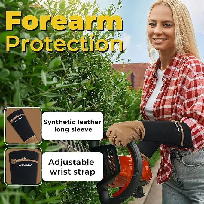 HANDLANDY Long Gardening Gloves for Men & Women, Cowhide Leather Rose Pruning Gloves, Breathable Thorn Proof Gauntlet Glove (Brown-Cowhide, S) by GreenHaven Gardens