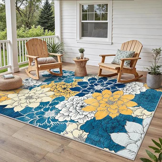 GENIMO Indoor Outdoor Area Rug 6' X 9' Waterproof, Washable Patio Rug Non Shedding, Easy Cleaning Floral Outdoor Carpet for Living Room, Bedroom, Dining Room, Balcony, Backyard, Deck, RV, Blue by GreenHaven Gardens