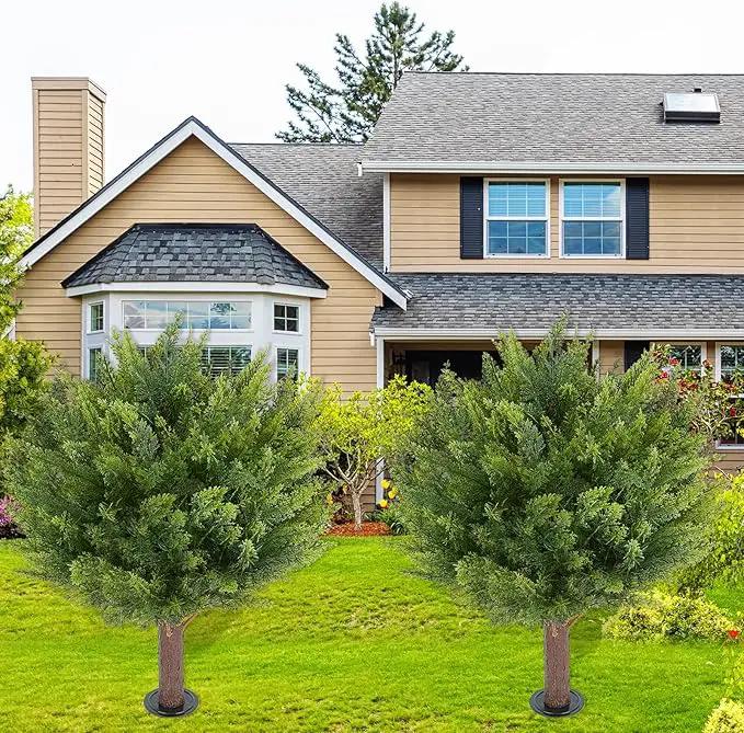 Artificial Cedar Shrub Ball Trees Two 15.8inch with Ground Spikes, can be Planted in The Ground and in pots, Outdoor Artificial Plants Resistant to UV Rays by GreenHaven Gardens
