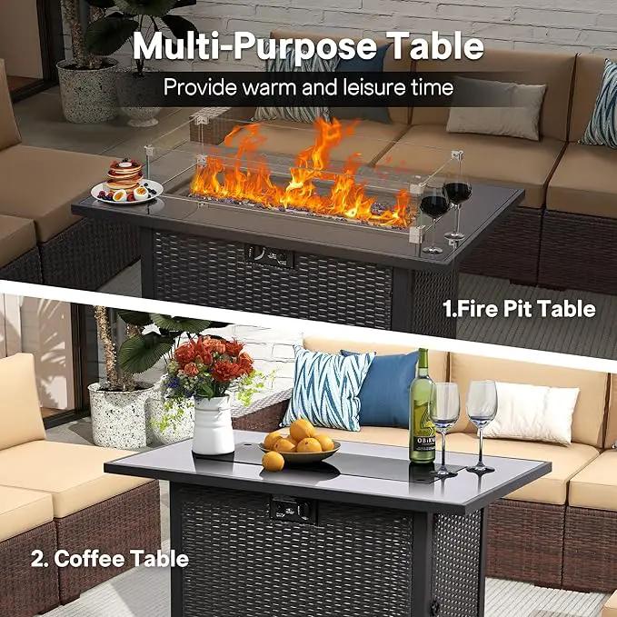 5 Piece Patio Furniture Set with 43" Propane Fire Pit Table, Outdoor Wicker Conversation Set, Rattan Modern Sectional Sofa Couch with Coffee Table for Backyard Porch Garden Poolside, Yellow-Beige by GreenHaven Gardens