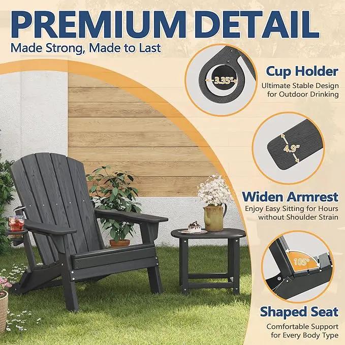 Folding Adirondack Chair Set of 3 with Cup Holder, HDPE All Weather Resistant Plastic Outdoor Patio Chairs, Heavy Duty Fire Pit Seating for Backyard Lawn Garden, Wooden Textured Design(Gray) by GreenHaven Gardens