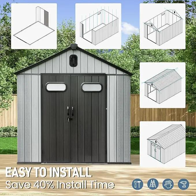 Domi 8x12 FT Outdoor Resin Storage Shed, All-Weather Double-Wall Storage Building for Backyard, Garden, Lawn Tools, Mower, Bike & Pool Equipment, Lockable Doors, Ventilated Roof, Grey by GreenHaven Gardens