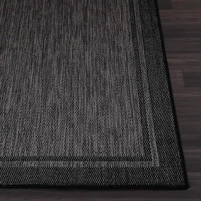 CAMILSON Indoor Outdoor Rug, 5x7 Bordered Dark Grey Black Modern Area Rugs for Indoor and Outdoor Patios, Kitchen and Hallway Mats, Washable Porch Deck Outside Carpet (Bordered Black, 5 x 7) by GreenHaven Gardens