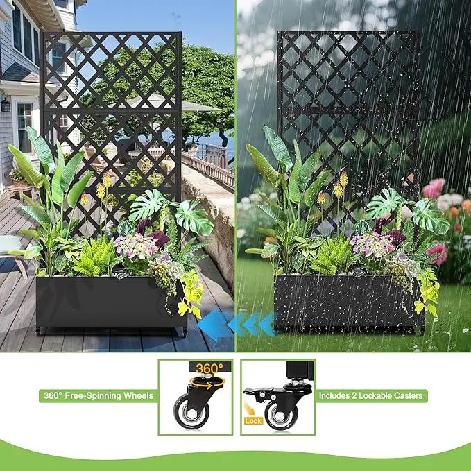 Metal Planter Trellis Box with Wheels & Drain Plug Outdoor Raised Garden Bed Patio Privacy Screen with Planter for Climbing Plants, Vegetables 73"x35"x16" Black-Diamond by GreenHaven Gardens