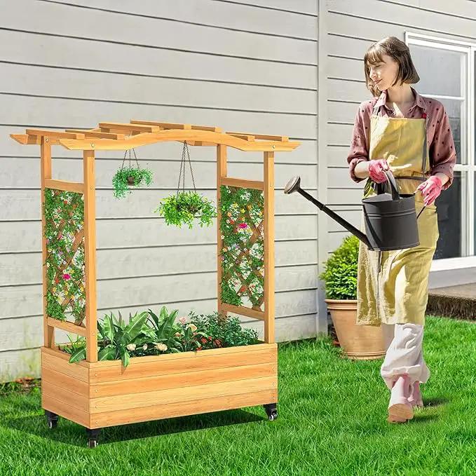 YITAHOME Raised Garden Bed with Trellis and Lockable Wheels, Wood Free-Standing Trellis Planter Box with Hanging Roof for Climbing Plants Flowers in Garden, Patio, Backyard, Balcony, Natural by GreenHaven Gardens