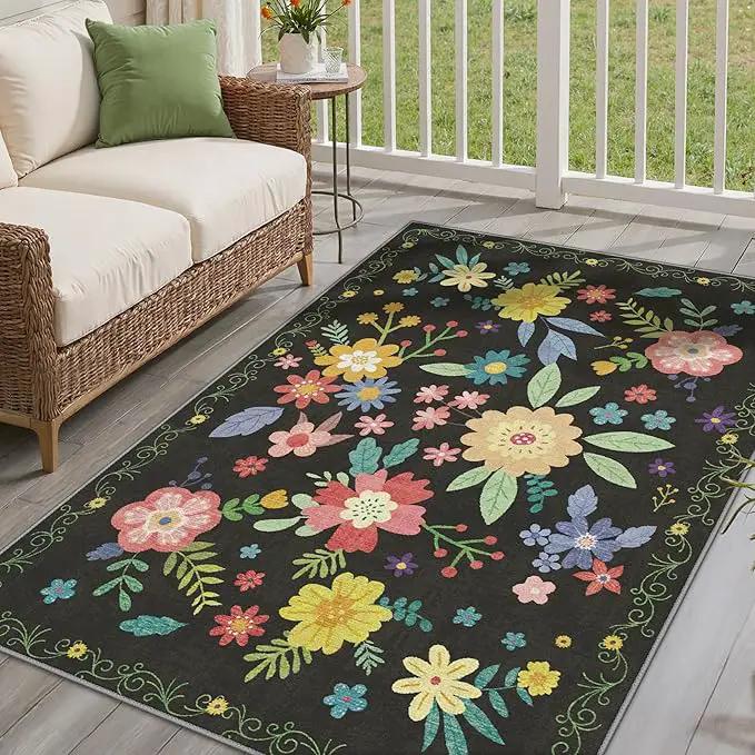 GENIMO Indoor Outdoor Area Rug 4' X 6' Waterproof, Washable Patio Rug Non Shedding, Easy Cleaning Floral Outdoor Carpet for Living Room, Bedroom, Dining Room, Balcony, Backyard, Deck, RV, Black by GreenHaven Gardens