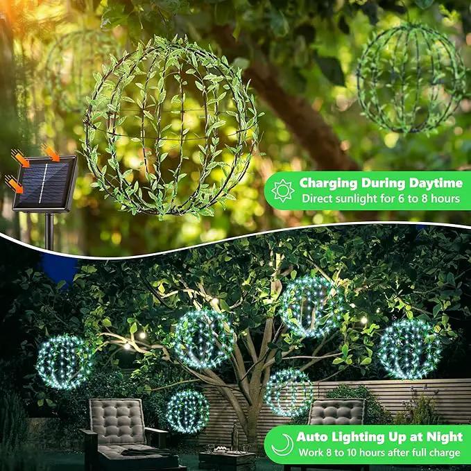Joomer Solar Hanging Lights Outdoor, 2 Pack 12in 120 LED Solar Globe Lights, 8 Modes Waterproof Foldable Metal Sphere Light with Hook for Garden Yard Porch Decor- White (Ball with Green Leaf) by GreenHaven Gardens