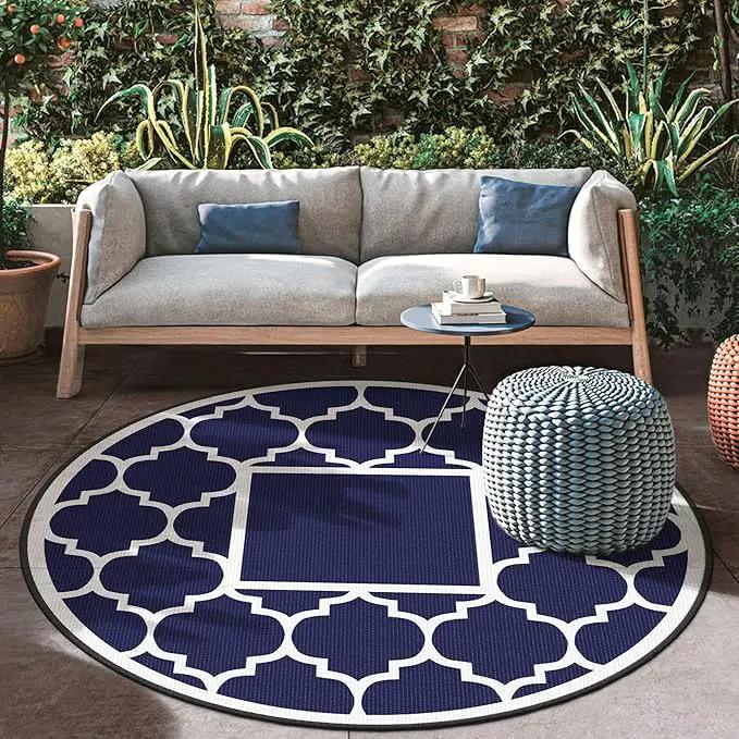 GENIMO 8' Round Outdoor Rug Waterproof for Patio Decor, Foldable Reversible Plastic Straw Area Rugs Mat for Rv, Outside Carpet for Camper, Deck, Picnic, Beach, Balcony, Camper, Blue & White by GreenHaven Gardens