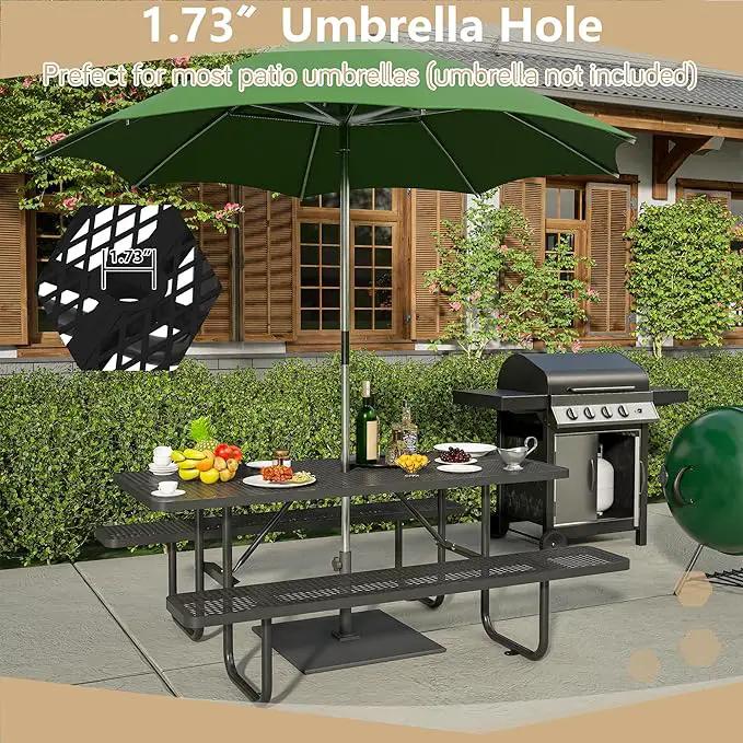 72'' Steel Rectangular Picnic Table for Outdoors, Expanded, Lifetime Picnic Table with Umbrella Hole, Heavy Duty Sturdy Commercial Picnic Tables for Garden Courtyard BBQ, Black by GreenHaven Gardens