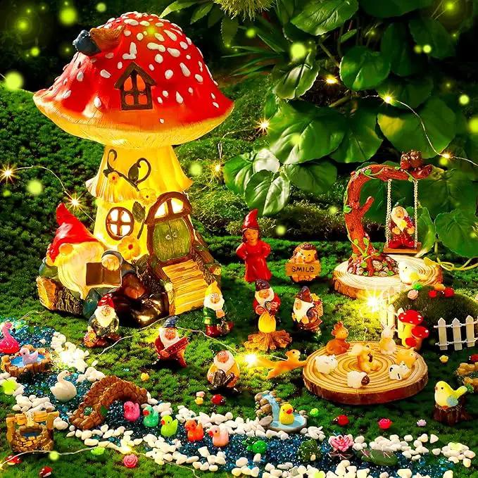 HyDren 100 Sets Garden Gnome Statue Set Mushroom House Solar Light Gnome Miniatures Figures Decor Fairy Resin Statues Garden Accessories for Yard Patio Lawn Outdoor Micro Landscape Ornaments by GreenHaven Gardens