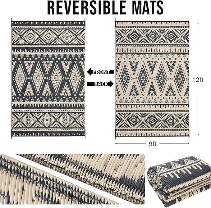 OLANLY Outdoor Rug Waterproof 9x12 ft, Reversible Outdoor Plastic Straw Rug, Boho Patio Rug, Indoor Outdoor Carpet, RV Mat Outside for Patio, Camp, Picnic, Balcony, Deck, Backyard, Black & Beige by GreenHaven Gardens