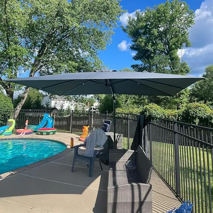 PURPLE LEAF 9' X 11.5' Patio Umbrella with Base Rectangle Cantilever Umbrella Outdoor Offset Umbrella with 360-degree Rotation for Garden Deck Pool Patio Light Grey by GreenHaven Gardens