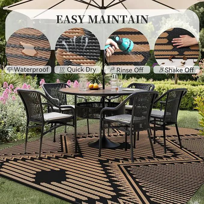 MontVoo Outdoor Rug 8x10 Waterproof Patio Rug-Outdoor Carpet Mat Reversible Plastic Straw Outside Outdoor Rug for RV Camping Picnic Balcony Backyard Pool Deck Porch Modern Boho Black Brown by GreenHaven Gardens