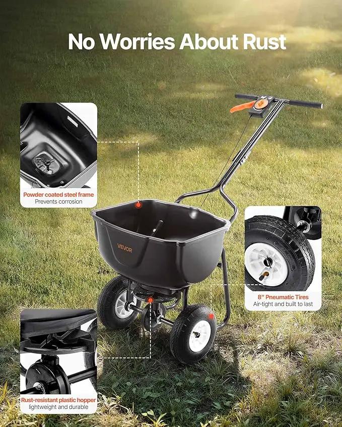 VEVOR Broadcast Spreader, 60LBS Capacity, Walk-Behind Push Spreader, 0-9.8 ft Spreading Width, 10 in All Terrain Pneumatic Tires, Lawn Spreaders with Hopper Grate, for Seed, Fertilizer, Salt, Ice Melt by GreenHaven Gardens