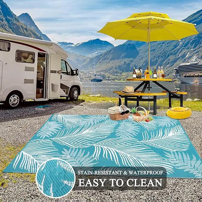 Pauwer Waterproof Outdoor Rug 8x10, Reversible Plastic Straw Patio Camping Rug, Indoor Outdoor RV Mat Carpet for Deck, Camper, Porch, Balcony, Backyard, Picnic, Leaf Teal by GreenHaven Gardens