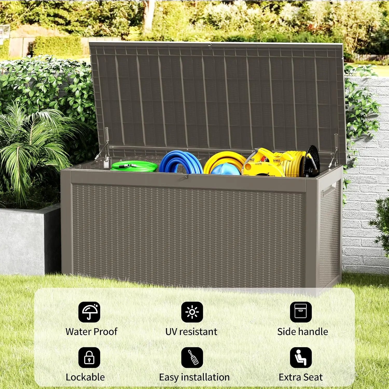 320 Gallon Waterproof Large Resin Deck Box Indoor/Outdoor Lockable Storage Container and Seating for Garden, Pool, and Patio (320 Gallon, Grey) by GreenHaven Gardens