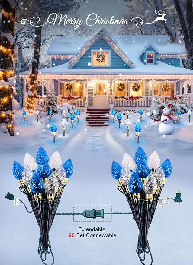 Brightown 2 Pack Strawberry C9 Pathway Lights Outdoor - Total 34.8 Feet 20 LED C9 Walkway Lights, Christmas Outside Decorations for Lawn Holiday, Blue & Pure White by GreenHaven Gardens