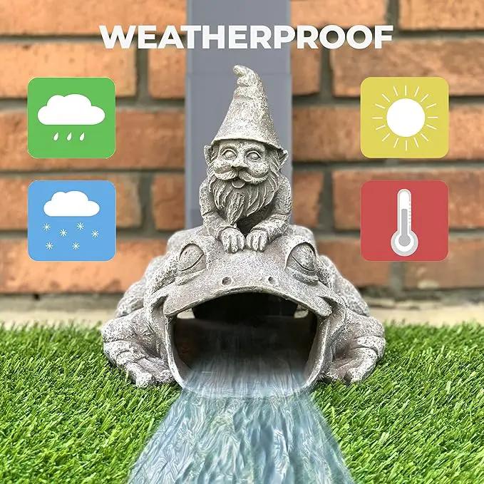 Gutter Downspout Extension - Downspout Splash Block - Downspout Diverter Garden Statue (Gutter in The Form of Funny Gnome on a Frog) by GreenHaven Gardens