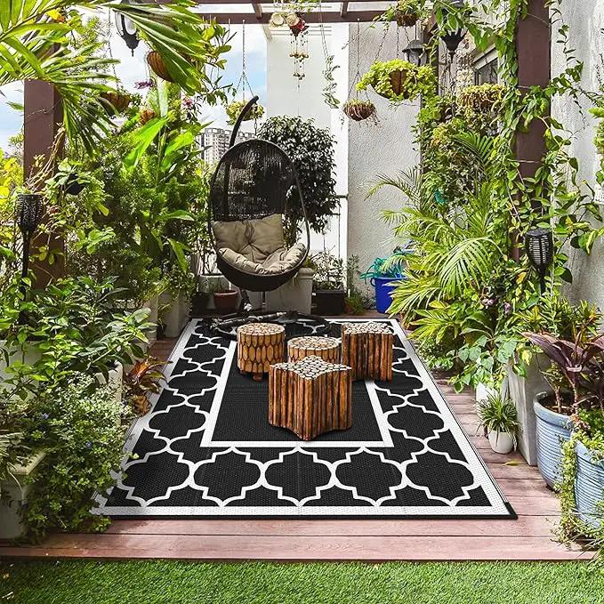 GENIMO 5' x 8' Outdoor Rug Waterproof for Patio Decor, Foldable Reversible Plastic Straw Area Rugs Mat for Camper, Outside Carpet for Rv, Deck, Porch, Picnic, Beach, Balcony, Black & White by GreenHaven Gardens
