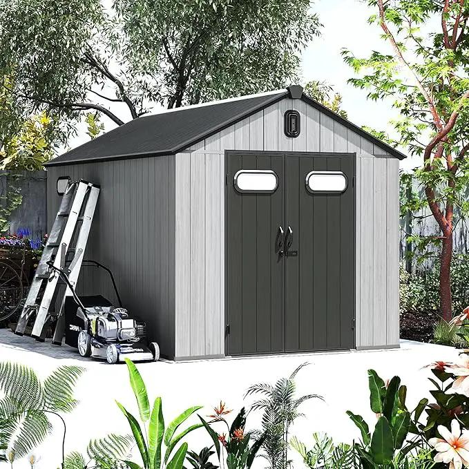 Domi 8x12FT Outdoor Resin Storage Shed with Transparent Windows & Louvered Vents, Plastic Tool Shed with Double Lockable Doors & Gable Roof, Outside Garden Shed for Backyard, Patio, Lawn, Grey by GreenHaven Gardens