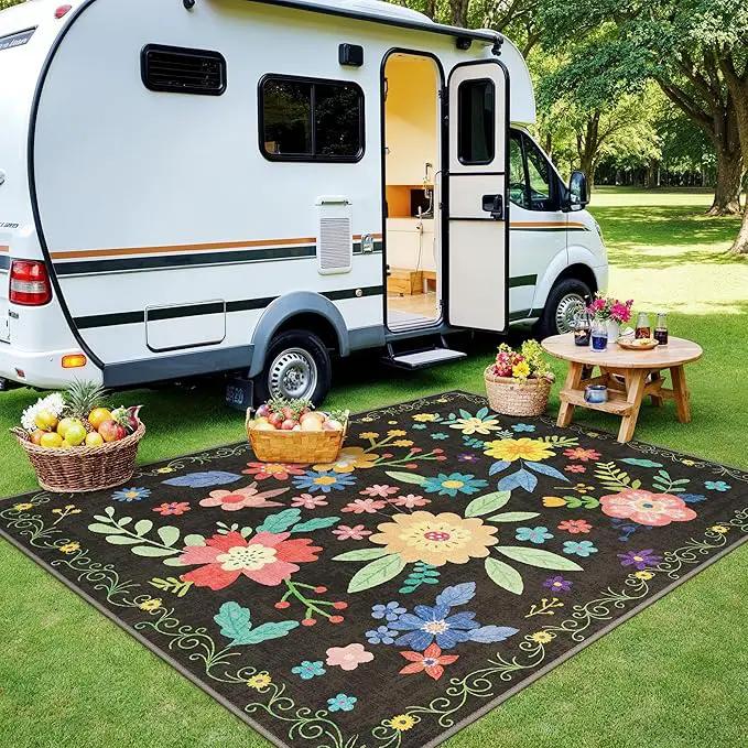 GENIMO Indoor Outdoor Area Rug 5' X 7' Waterproof, Washable Patio Rug Non Shedding, Easy Cleaning Floral Outdoor Carpet for Living Room, Bedroom, Dining Room, Balcony, Backyard, Deck, RV, Black by GreenHaven Gardens