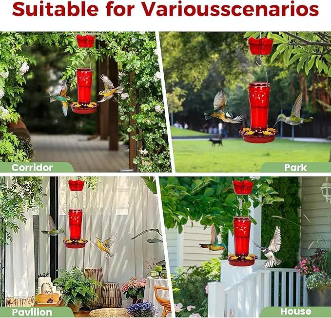 Hummingbird Feeder 2pack-14Ounces，5 Feeding Ports Glass Hummingbird feeders for Outdoors,Wide Mouth for Easy Filling/Cleaning，Hanging for Garden Backyard Decor, Includes Ant Moat (Red) by GreenHaven Gardens