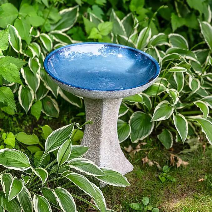 Sunnydaze Ceramic Bird Bath for Outside - 16" H - UV- and Frost-Resistant - Pedestal Bird Bath - Blue Glazed Bowl - White Lava Finish by GreenHaven Gardens