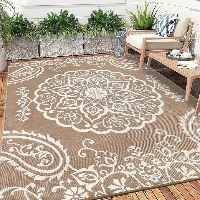 Pauwer Waterproof Outdoor Rug 10x14, Reversible Plastic Straw Patio Camping Rug, Indoor Outdoor RV Mat Carpet for Deck, Camper, Porch, Balcony, Backyard, Picnic, Boho Brown by GreenHaven Gardens