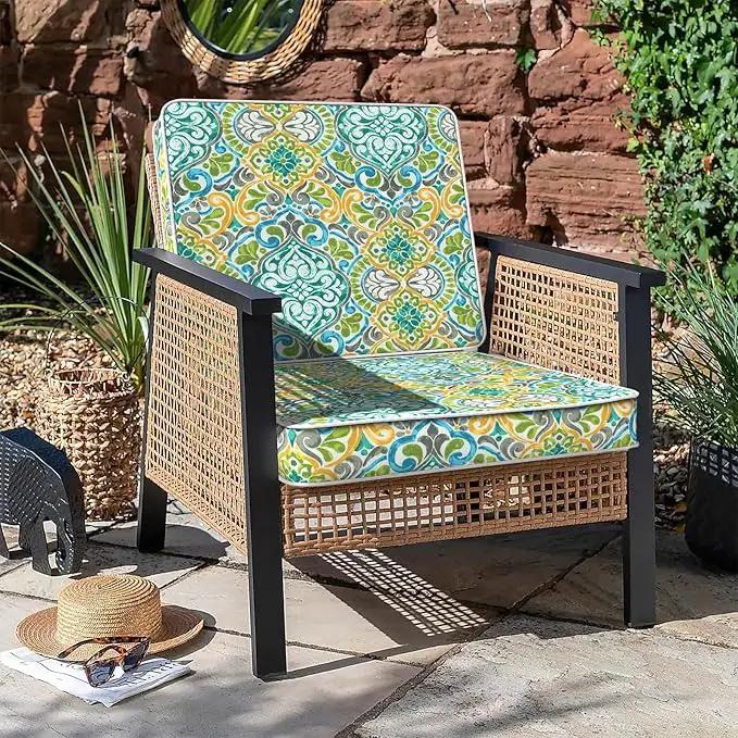 LVTXIII Patio Chair Cushions 22"x22"x3", Water-Repellent Outdoor Seat Cushions for Patio Furniture, Square Chair Pads with Ties for Home Garden Decoration, Set of 2, Damask Green by GreenHaven Gardens
