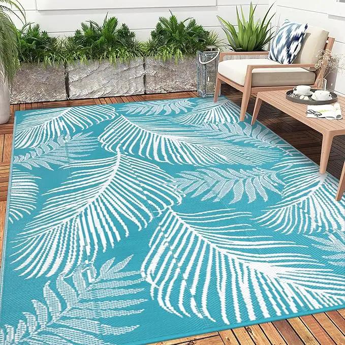 Pauwer Waterproof Outdoor Rug 8x10, Reversible Plastic Straw Patio Camping Rug, Indoor Outdoor RV Mat Carpet for Deck, Camper, Porch, Balcony, Backyard, Picnic, Leaf Teal by GreenHaven Gardens
