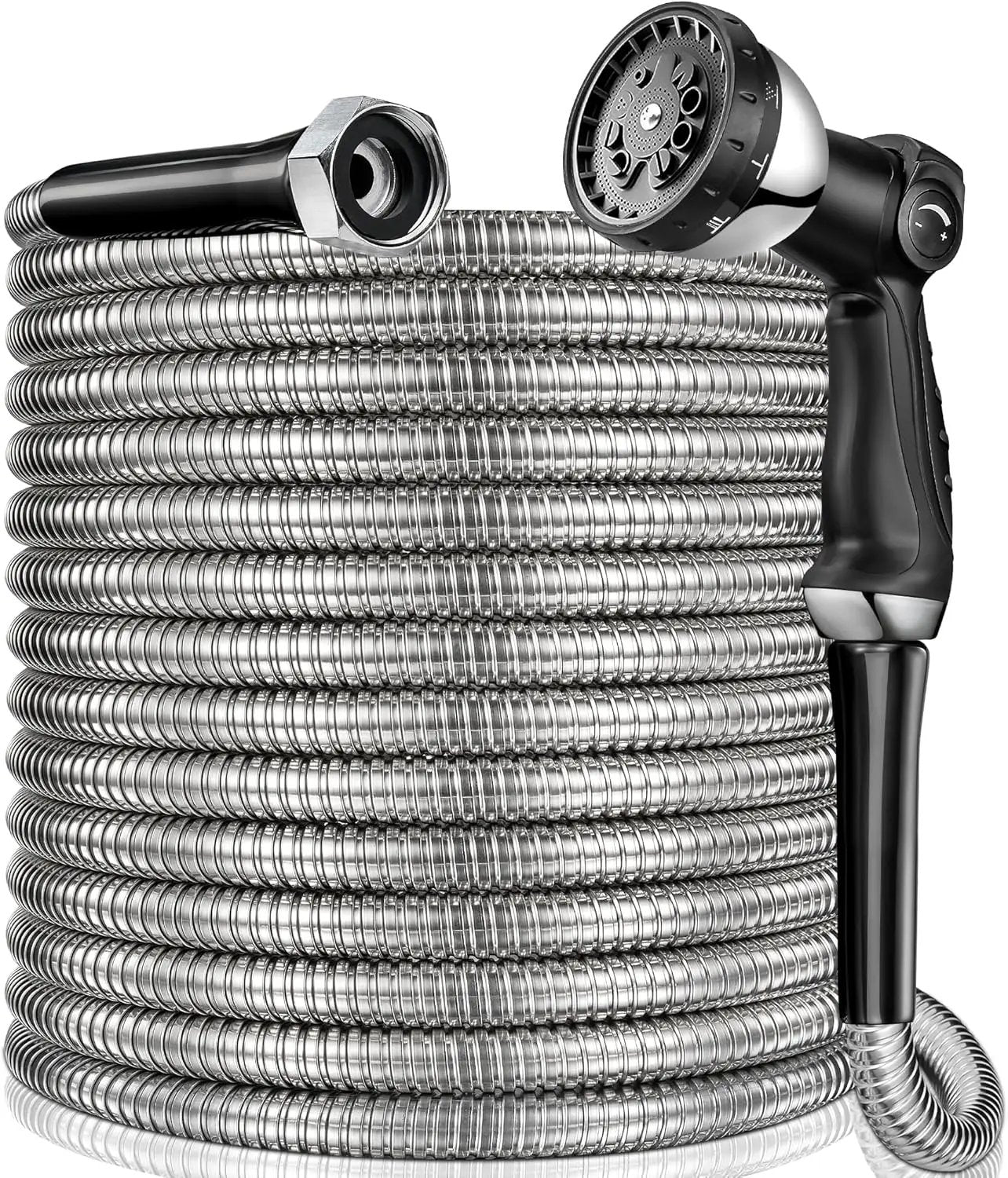 200 ft Garden Hsoe - 2025 New 304 Stainless Steel Garden Hose with 10-Function Spray Gun, 3/4'' Copper-Chrome Fittings – Lightweight, Durable, and Kink-Free, Metal Water Hoses for Gardening by GreenHaven Gardens