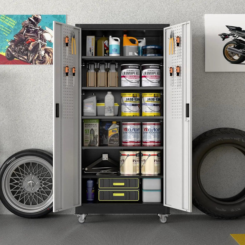 Aobabo 71" H×32" W×16" D Metal Storage Cabinet with Wheels, Garage Steel Storage Cabinet with 5 Adjustable Shelves and 4 Hooks for Home Office,Kitchen, Black Silver,Assembly Required by GreenHaven Gardens