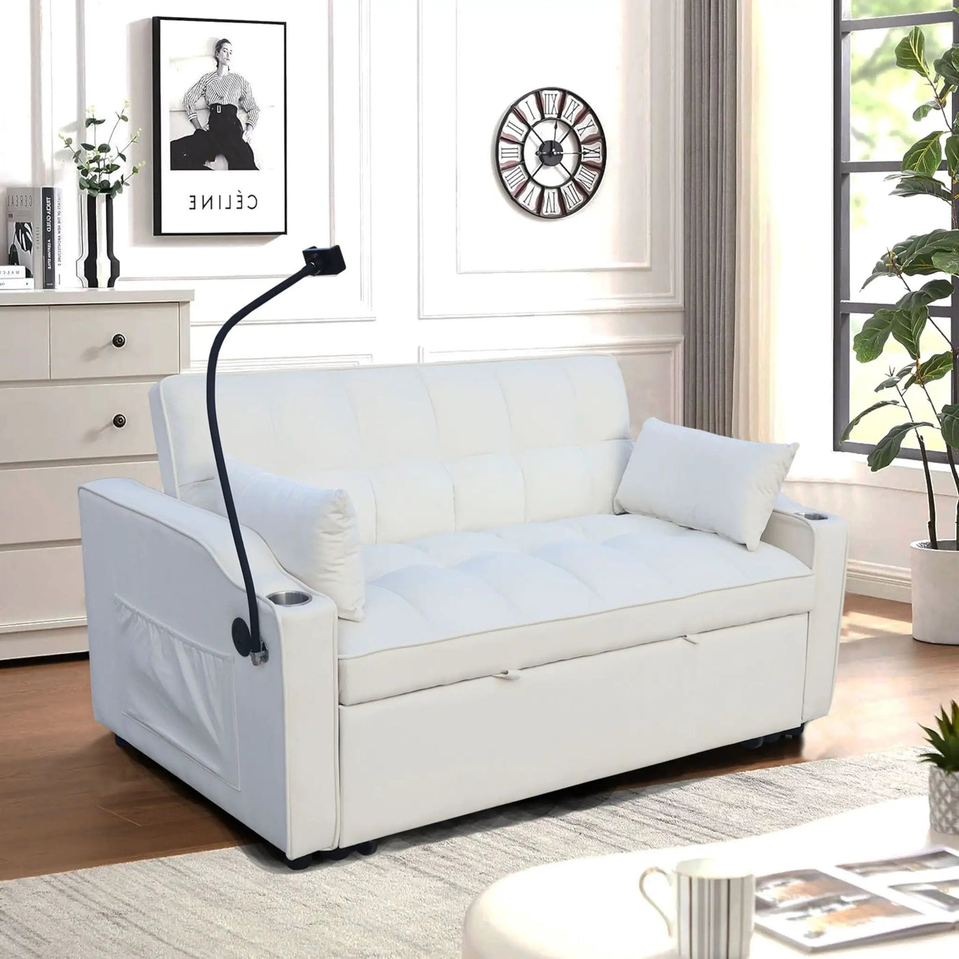 Modern Loveseat Futon Sofa With Pullout Bed, Adjustable Reclining Backrest, Toss Pillows by HouseOfZazla