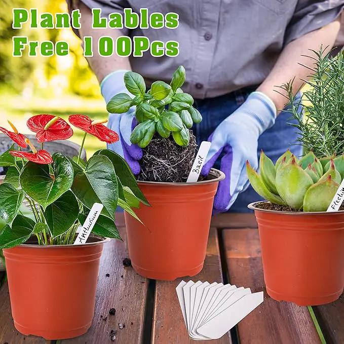 TDHDIKE 6 Inch Plastic Plant Nursery Pot/Pots (100pcs Pots and 100pcs Plant Labels) Seedlings Flower Plant Container (Red) Seed Starting Pots Indoor Outdoor by GreenHaven Gardens