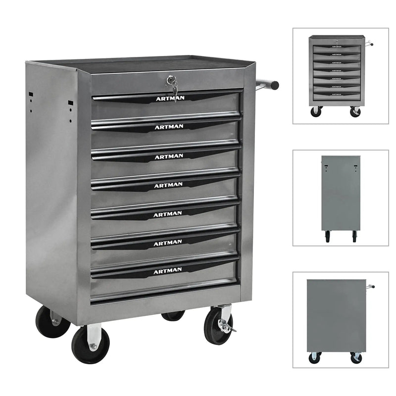 Rolling Metal Tool Chest with 7 Drawers, 20" Cabinet Silver by HouseOfZazla