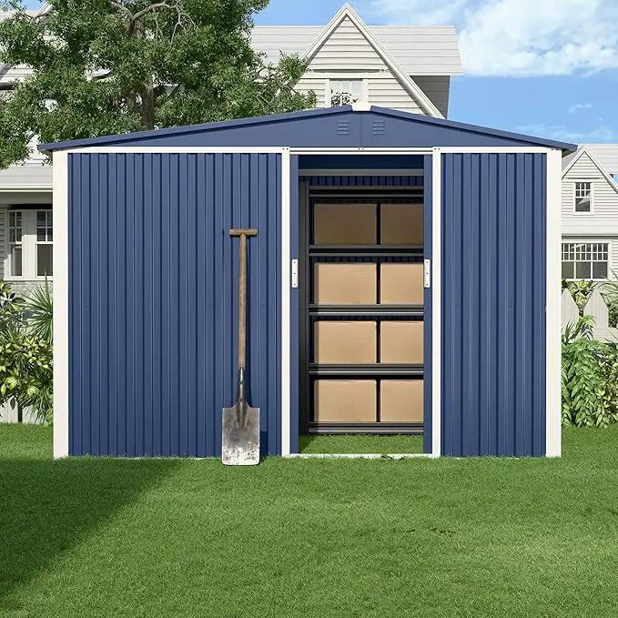 Metal Outdoor Storage Shed 10FT x 6FT with Firewood Storage, Steel Utility Tool Shed Storage House with Sliding Door, Metal Sheds Outdoor Storage for Backyard Garden Patio Lawn, Blue by GreenHaven Gardens