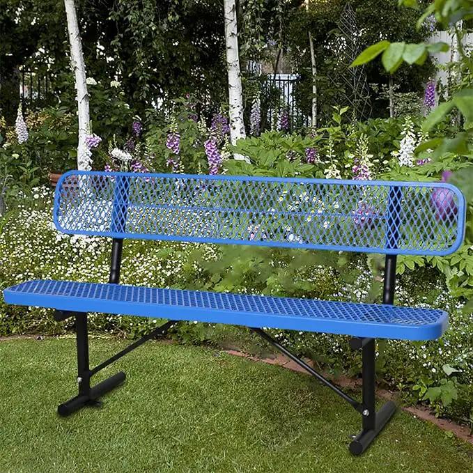 6FT Outdoor Benches Heavy Duty Park Bench with Back Portable Frame, Blue Metal Steel Bench, Outdoor Garden Bench Expanded Metal Mesh Bench for Lawn, Park, Deck, Garden, Patio, Porch, Black (Blue, 6FT) by GreenHaven Gardens
