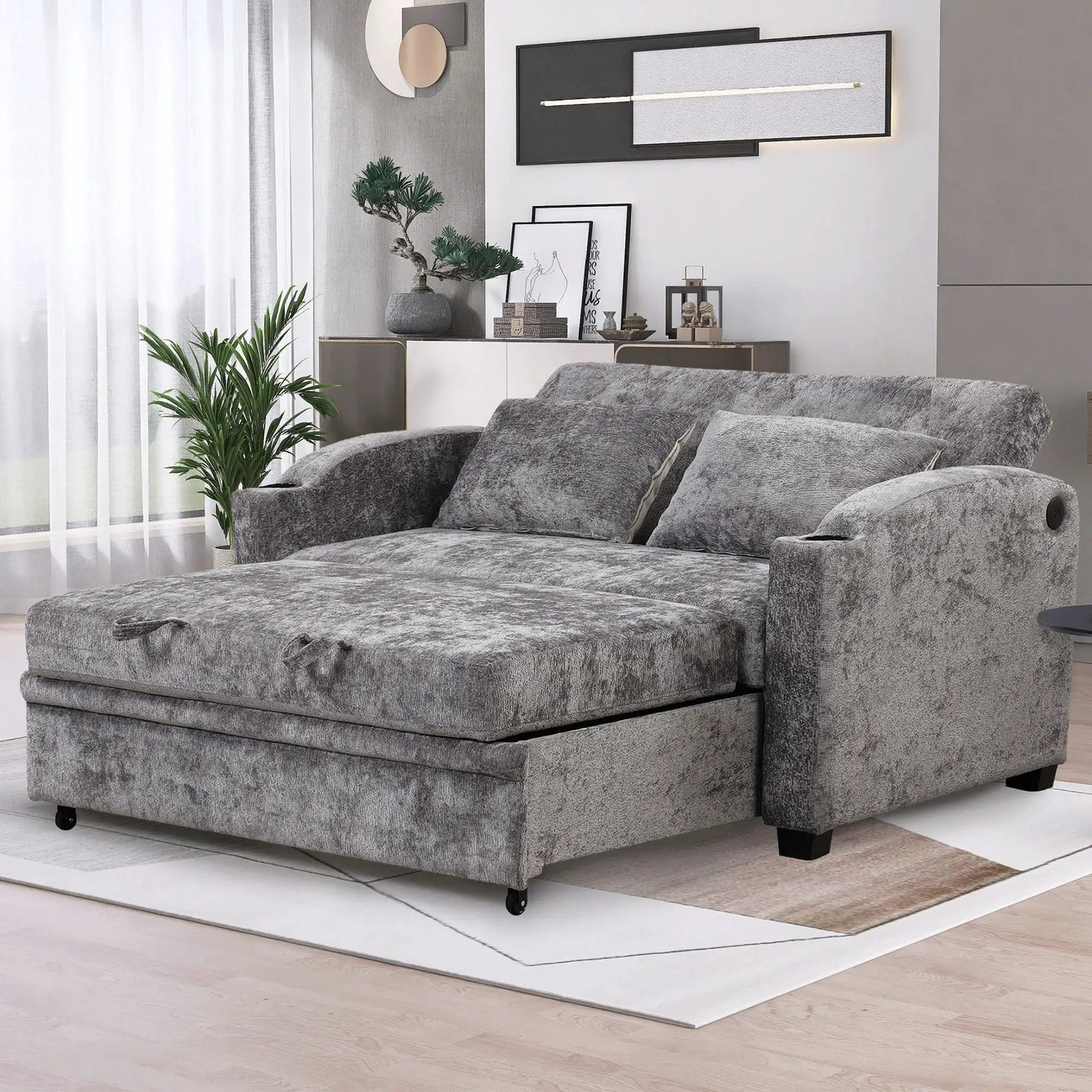 Pull Out Loveseat Sofa With Adjsutable Backrest, 2 Pillows, Cup Holders, USB Ports For Living Room by HouseOfZazla
