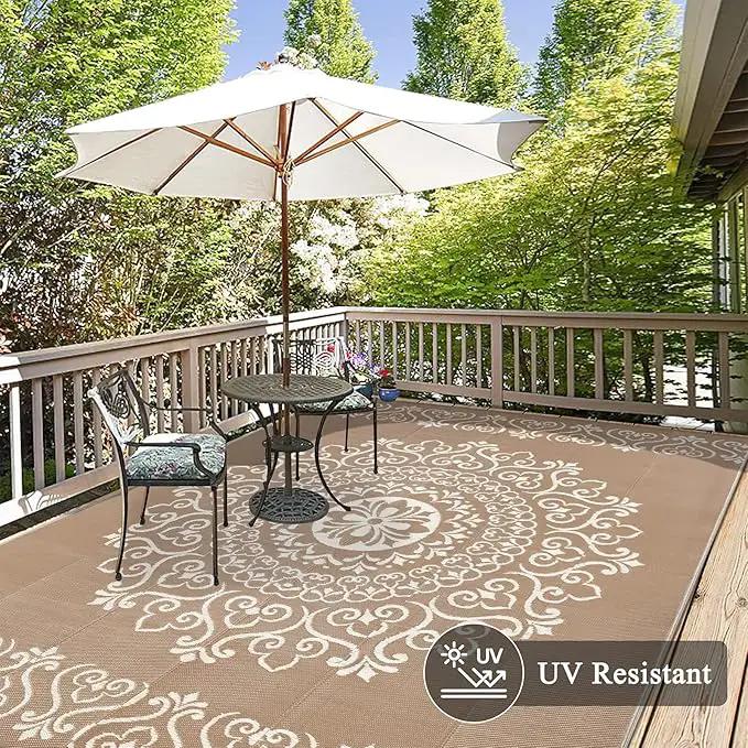 Pauwer Waterproof Outdoor Rug 8x10, Reversible Plastic Straw Patio Camping Rug, Indoor Outdoor RV Mat Carpet for Deck, Camper, Porch, Balcony, Backyard, Picnic, Floral Brown
