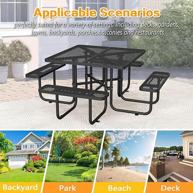 79'' Steel Square Picnic Table for Outdoors, Expanded, Lifetime Picnic Table with Umbrella Hole, Heavy Duty Sturdy Commercial Picnic Tables for Garden Courtyard BBQ, Black by GreenHaven Gardens
