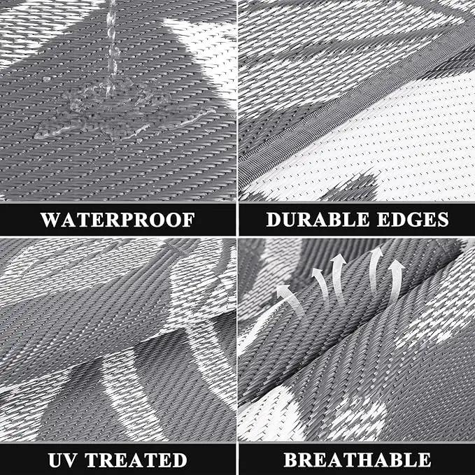 Pauwer Waterproof Outdoor Rug 8x10, Reversible Plastic Straw Patio Camping Rug, Indoor Outdoor RV Mat Carpet for Deck, Camper, Porch, Balcony, Backyard, Picnic, Floral Grey by GreenHaven Gardens